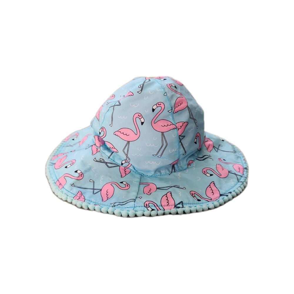 Addie & Tate Girls Flamingo Sun Hat Blue Pink Wide Brim One Size Pom Trim EUC